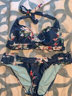 Kona Sol Navy and Light Blue Floral Bikini Set